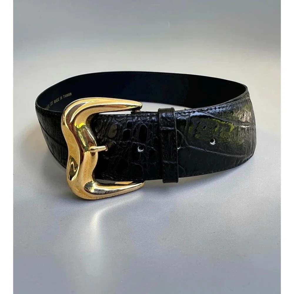 Vintage Milor Black Embossed Leather Wide Belt Big Gold Wavy Buckle Size SM